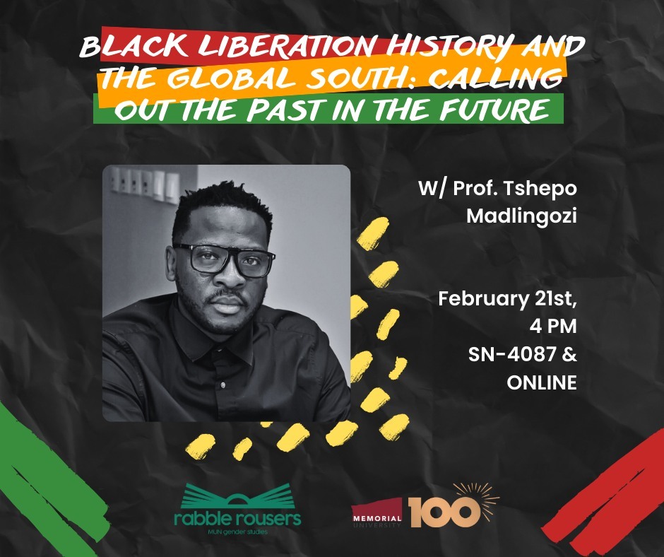 Photo of Professor Tshepo Madlingozi with memorial logo and text: Black Liberation History and the Global South: Calling Out the Past in the Future